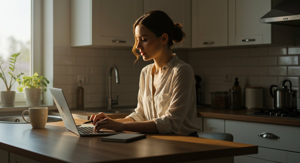 Minimalist decluttering strategy: Woman organizing space with laptop, coffee, and notepad in bright kitchen