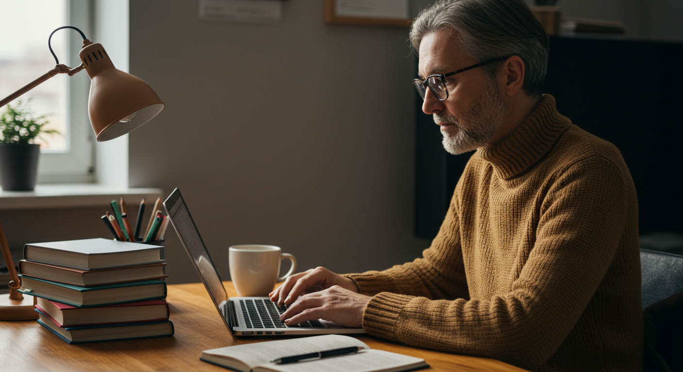 An adult learner reviews online courses on a laptop, surrounded by books and a coffee cup, in a well-lit home office.