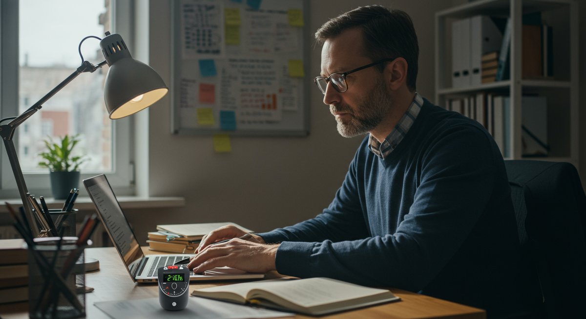 Adult learner demonstrating self-discipline through time management techniques in professional workspace