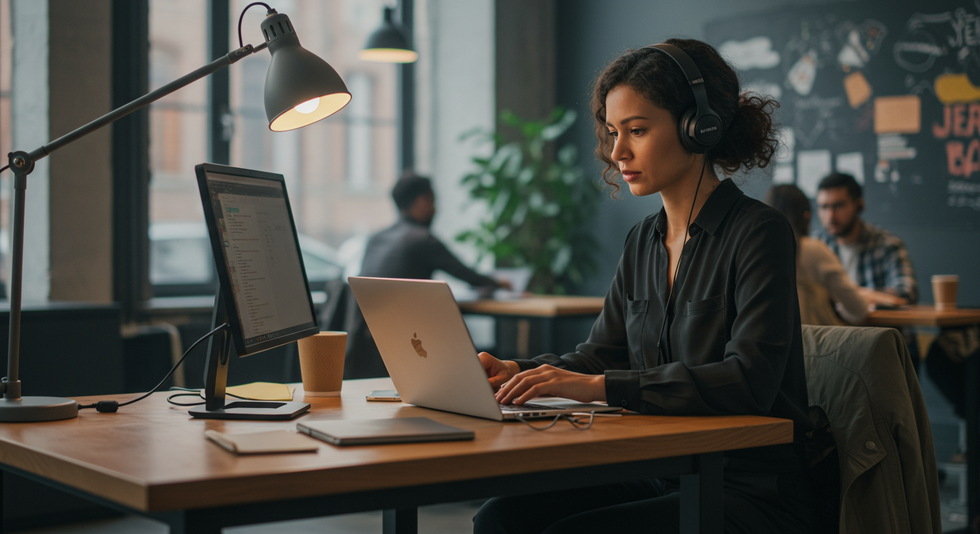 A female digital nomad working in a co-working space, focusing on cybersecurity.