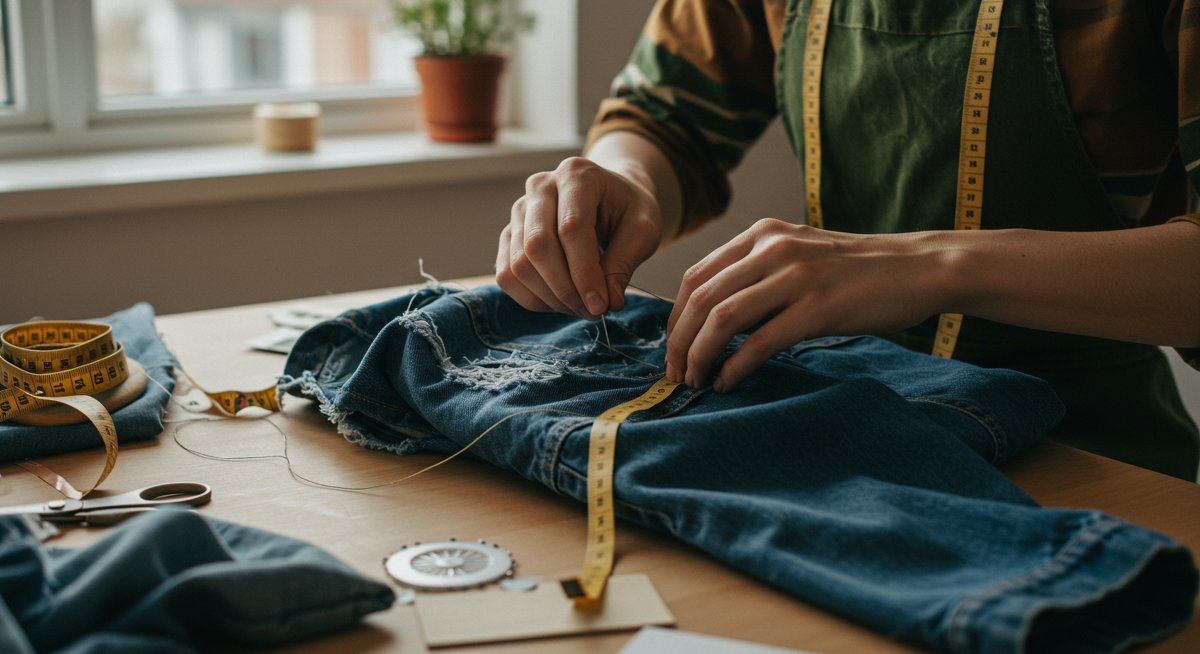 Upcycling fashion: Person repairing denim jacket with sewing tools in natural light, emphasizing sustainable clothing repair