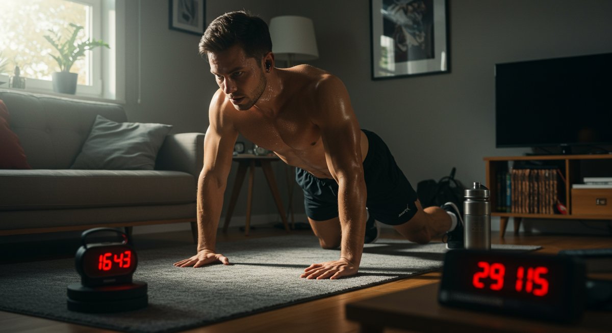 Intermediate fitness enthusiast doing no-equipment HIIT workout at home with timer, natural lighting, dynamic motion