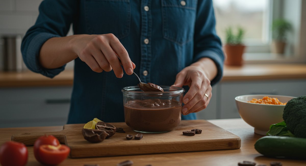 High-protein chocolate pudding preparation with fresh ingredients in kitchen