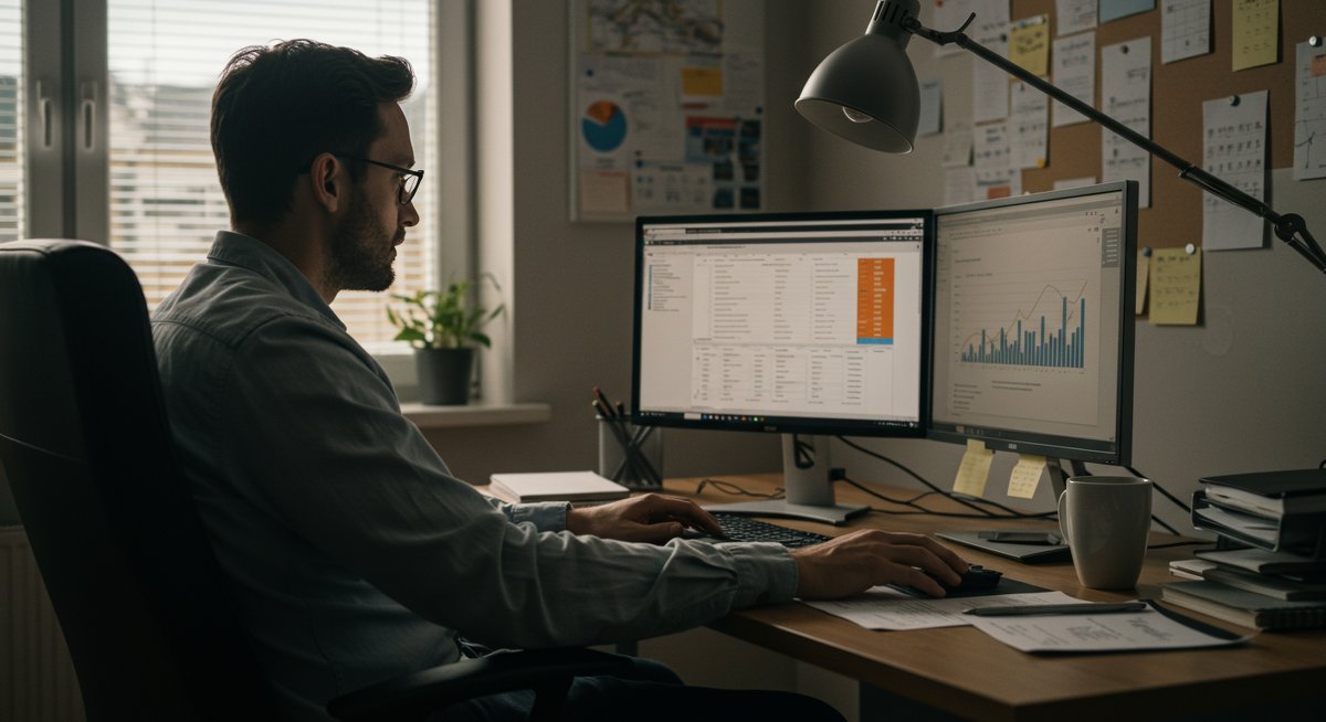 Experienced budgeter using Excel templates for financial planning with professional workspace setup
