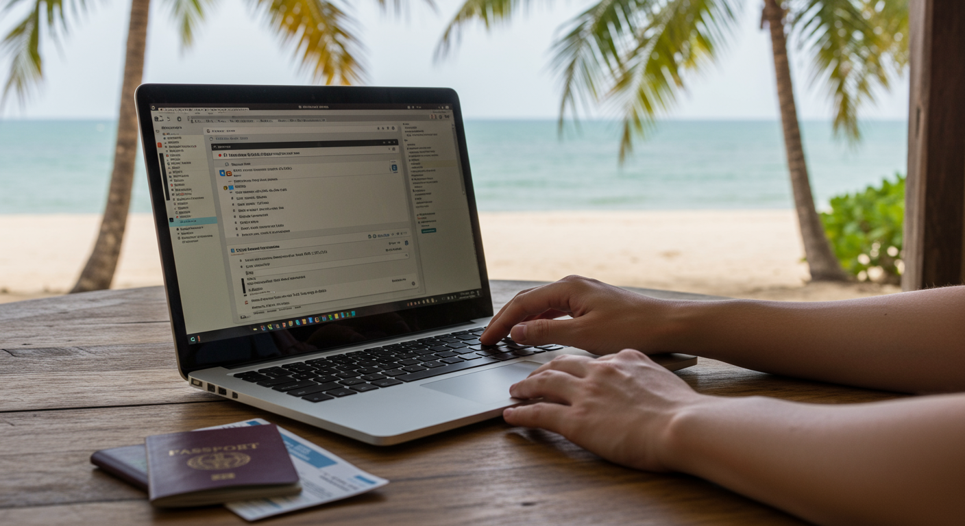 Digital nomad reviewing travel insurance on a laptop at a beach cafe, emphasizing financial planning and security.