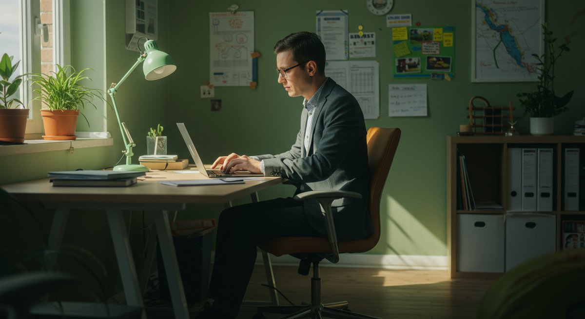 Professional problem-solving in sustainable workplace with eco-friendly office elements