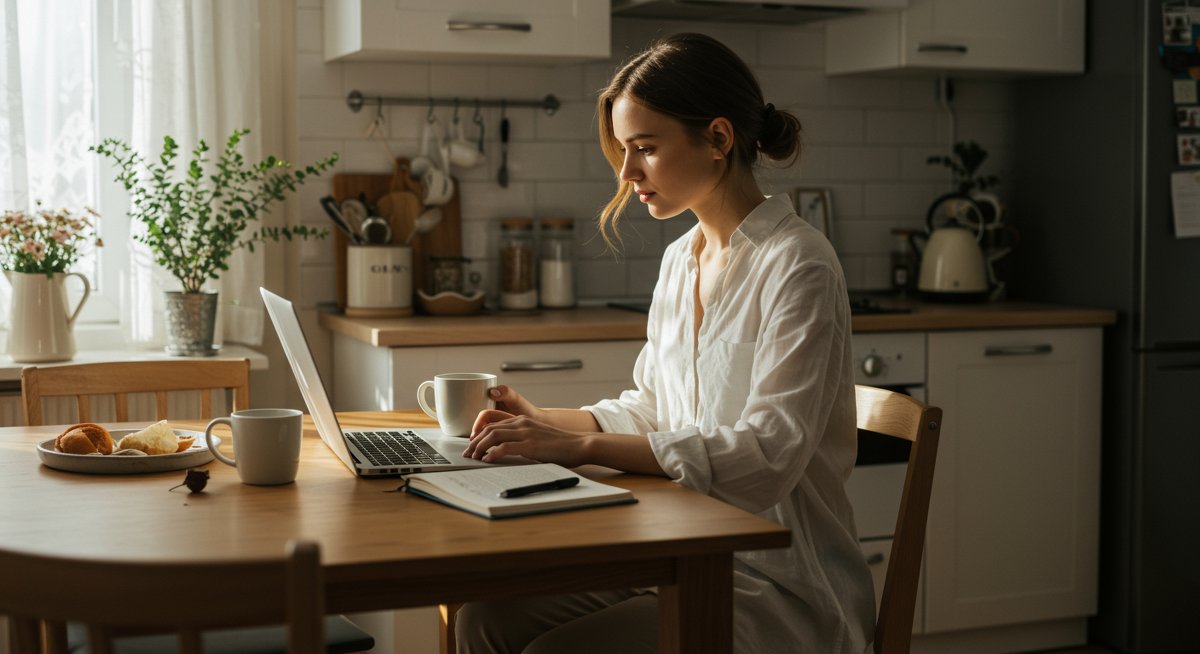 Digital minimalism illustration: Young woman in modern kitchen with laptop, coffee, and journal, surrounded by natural light and minimalist decor