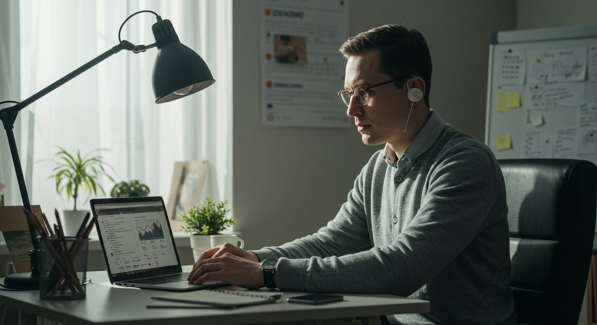 Confident male professional managing minimalist finances in modern workspace with debt tracking spreadsheet and minimalist decor