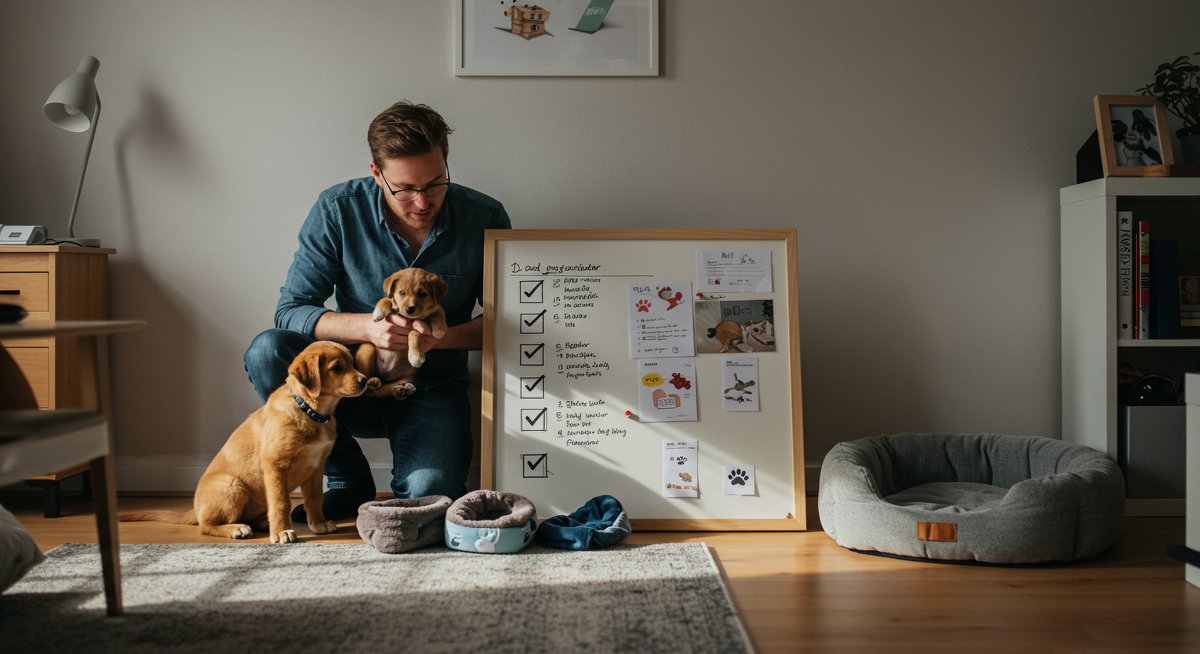 New puppy checklist essentials displayed in a modern living room with a man and his puppy, showing supplies for new pet owners