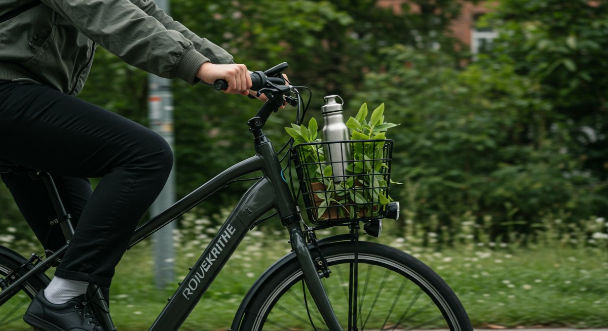 Eco-friendly transportation: Person riding electric bike with reusable water bottle in basket through city street showing sustainable commuting