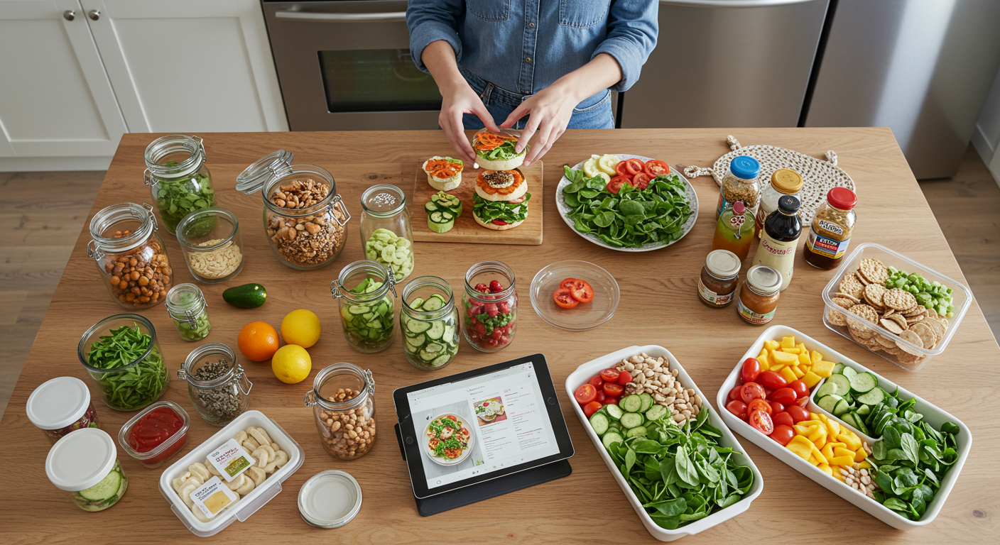 Overhead shot of a modern kitchen counter with prepared healthy meal prep snacks and containers. The scene shows the ease of preparing healthy on-the-go snacks for weight loss. The image features healthy snacks, a recipe tablet and containers.