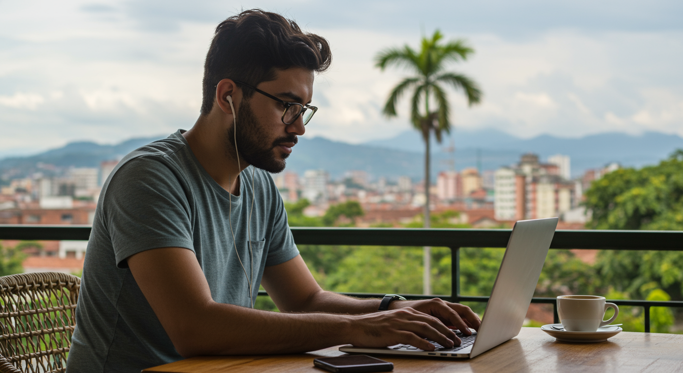 Male digital nomad managing finances on a laptop at a cafe in Medellin, Colombia. The image conveys financial empowerment and remote work budgeting.