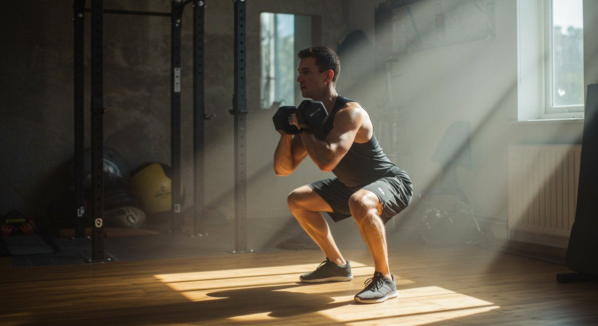 Person doing squats with dumbbells in home gym with natural lighting