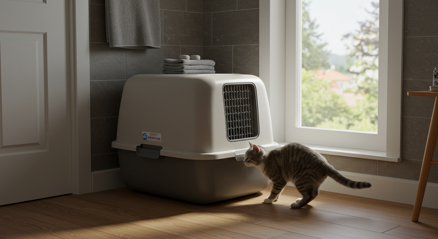 A happy cat using a clean, modern litter box in a bright bathroom, highlighting cleanliness and comfort.
