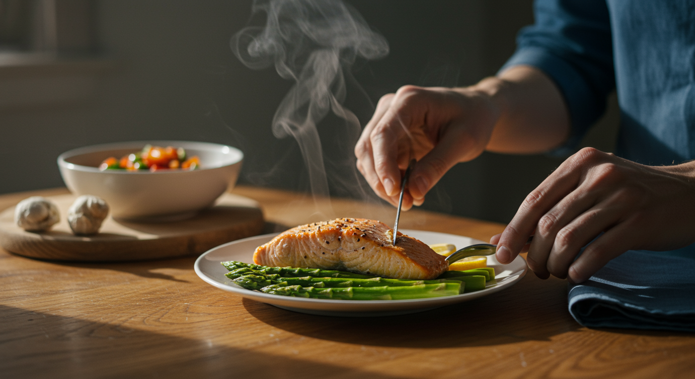 Overhead shot of a beautifully plated keto dinner with salmon and asparagus, demonstrating affordable and delicious keto recipes.