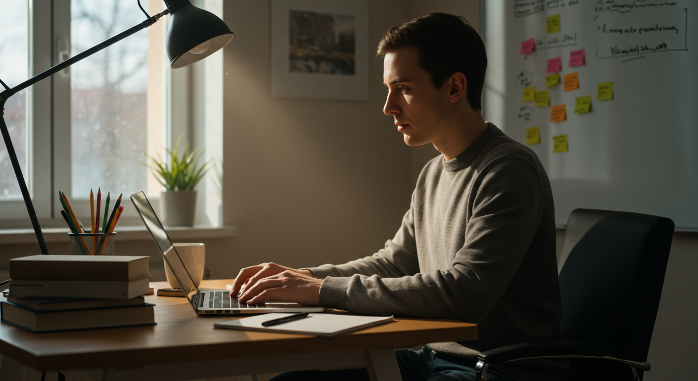 Self-learner focused on skill development, working on a laptop with books and notes in a home office, emphasizing project-based learning and overcoming learning obstacles.
