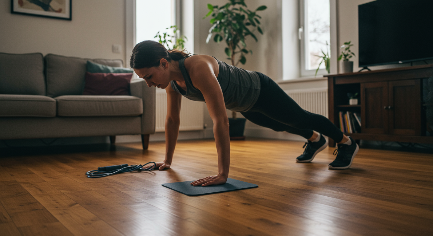 A person performing burpees in a home living room setting, showcasing a HIIT workout, with a determined expression and dynamic motion blur.