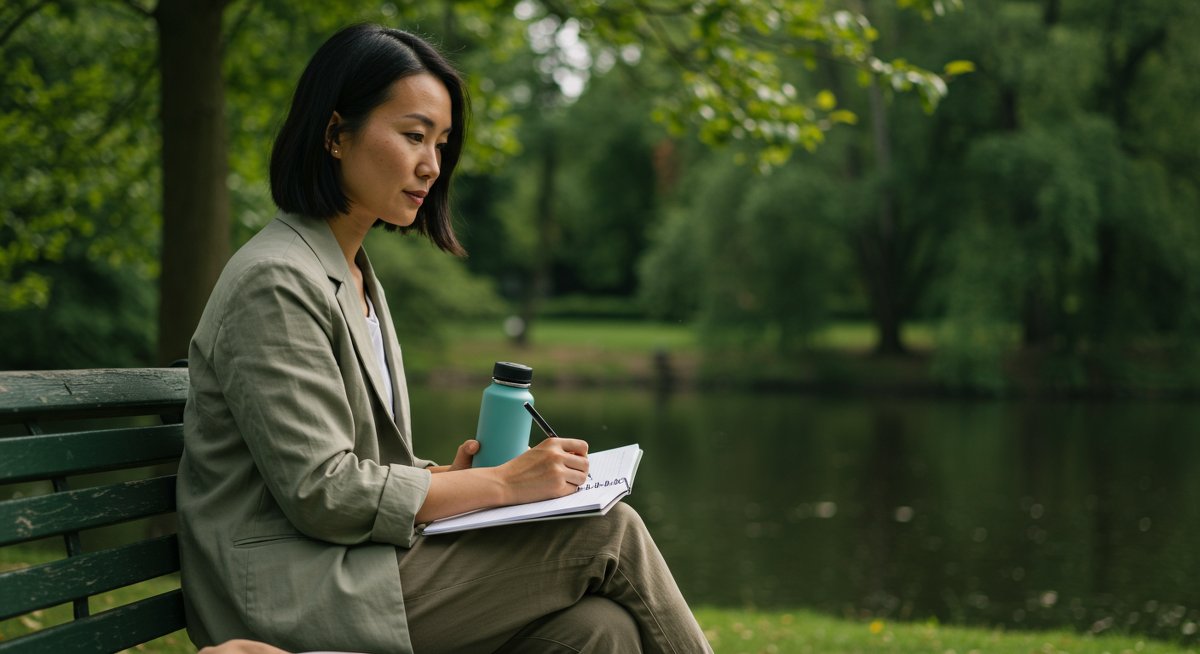 Mid-career professional managing workplace stress through mindful reflection in a natural setting