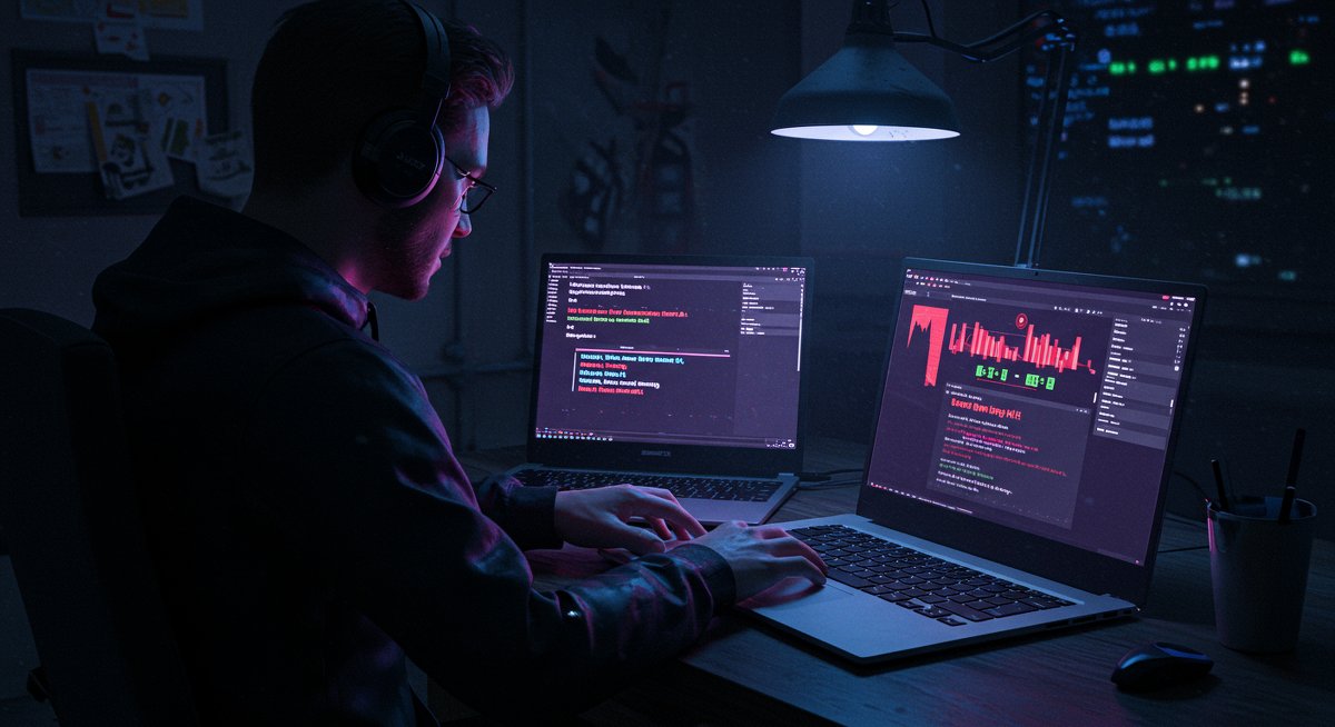 Crypto trader facing Solana memecoin buy order warning in dark room - international crypto trading risks and tax implications