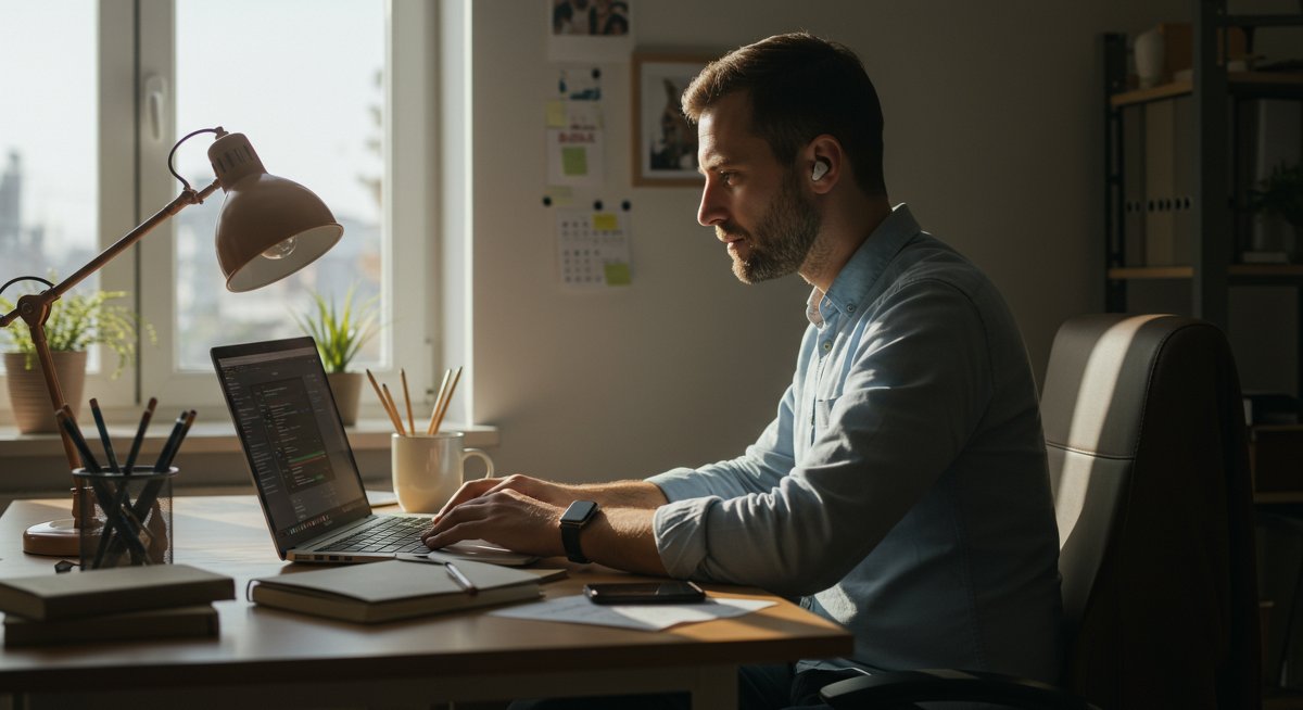 Man working in a modern home office with a Pomodoro timer, laptop, and coffee mug, showcasing focused productivity and time management techniques
