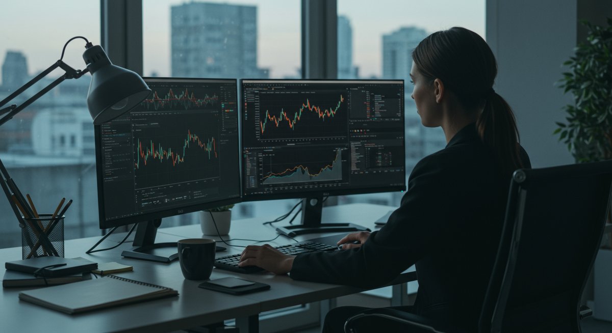 Experienced crypto trader analyzing swap rate strategies in professional workspace with clean tech setup