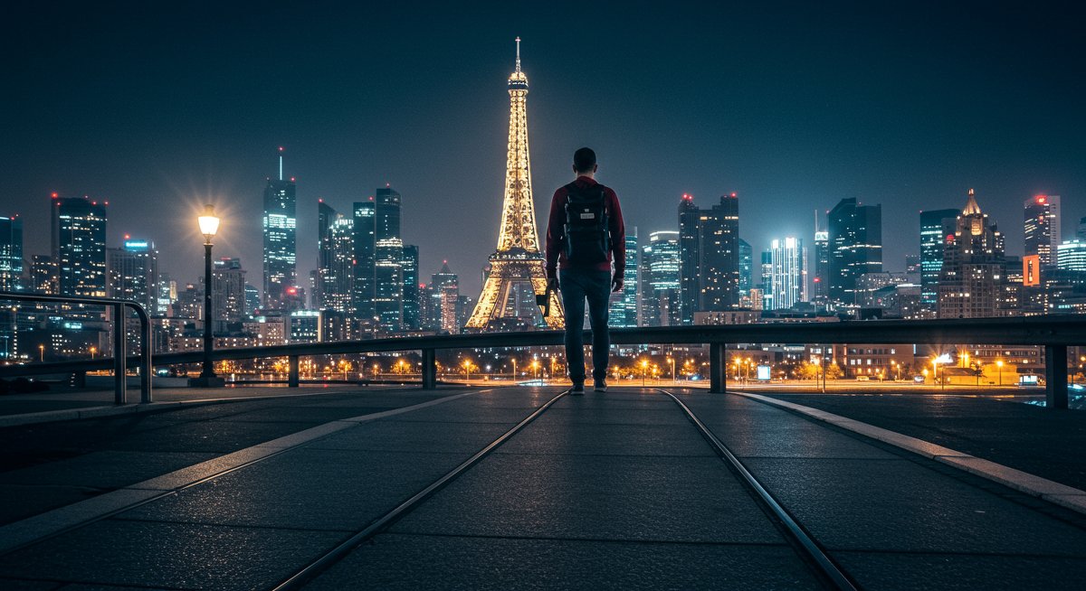 Determined male digital nomad working remotely from a modern co-working space with natural light, emphasizing productivity and mental well-being for experienced nomads.