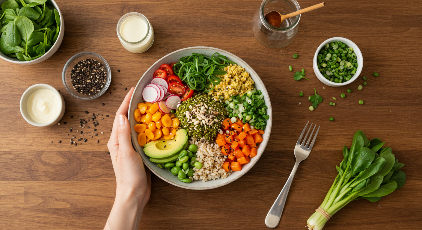 A close-up shot of a vibrant vegan buddha bowl with colorful vegetables and grains, showcasing an easy and delicious vegan dinner recipe.