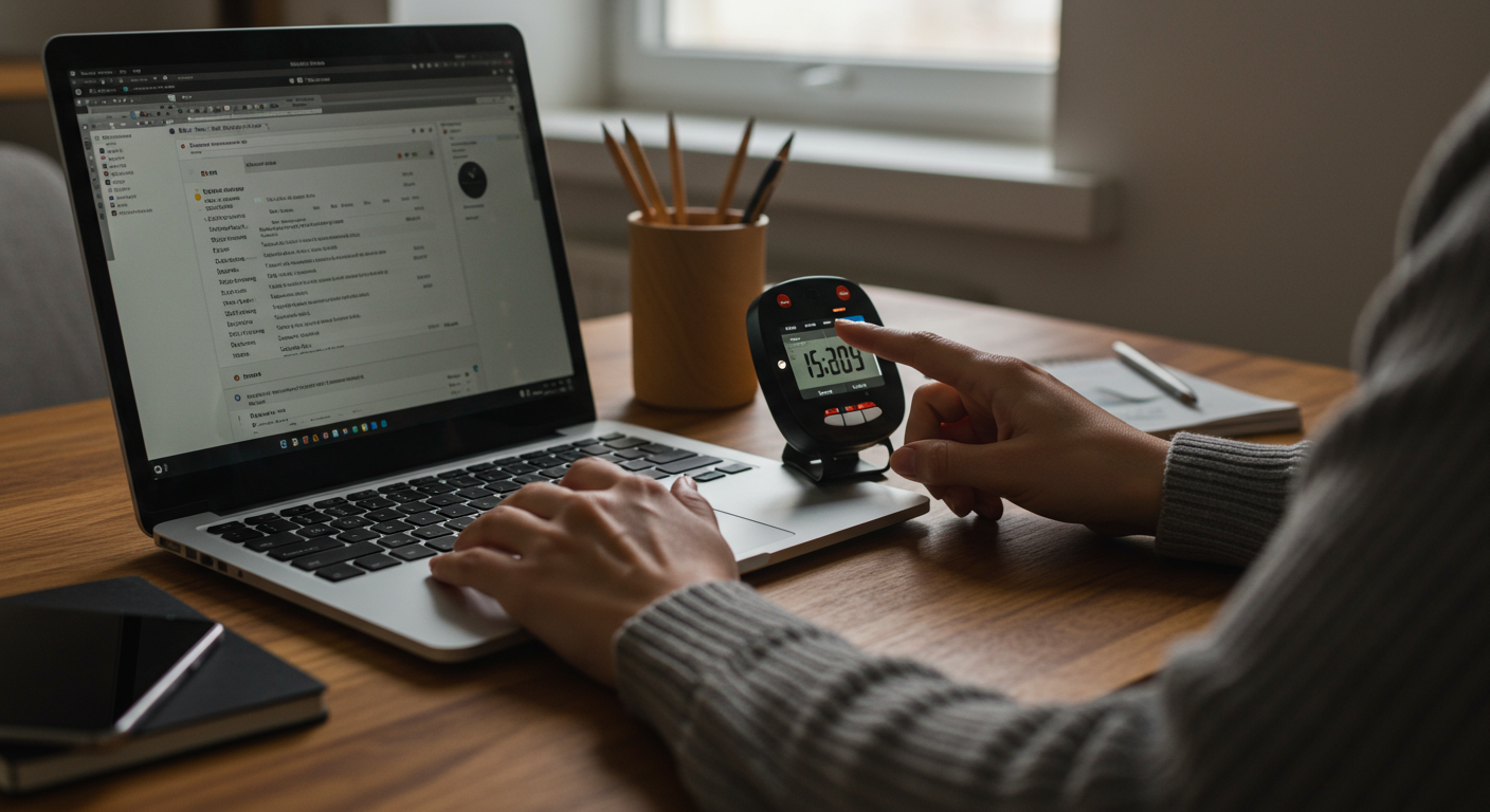 A person at a desk using time blocking for productivity with a laptop and a Pomodoro timer, showcasing effective time management techniques.