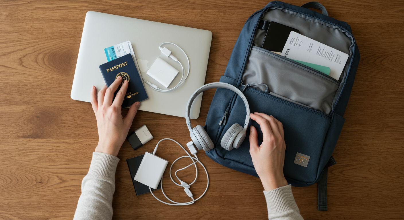 Female digital nomad packing a minimalist backpack with tech essentials for remote work and travel, emphasizing organization and efficiency.