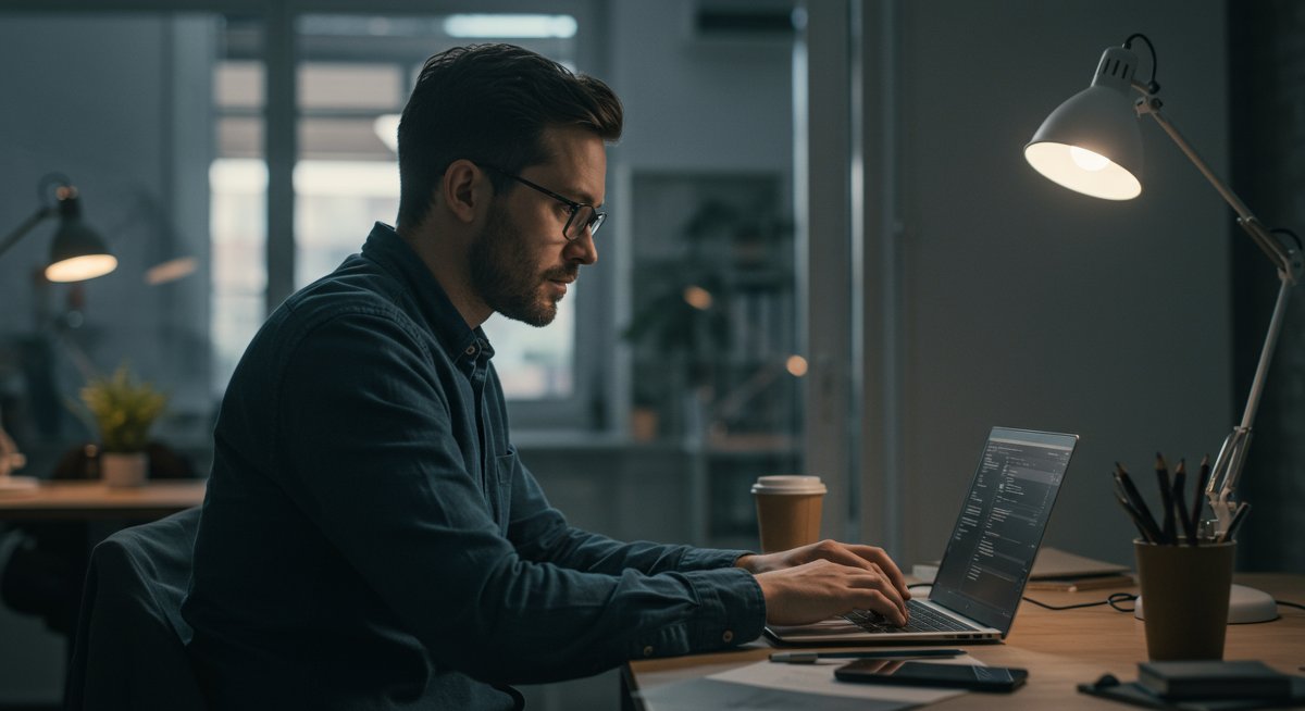 Mid-career professional working on tech skills development in a modern office environment