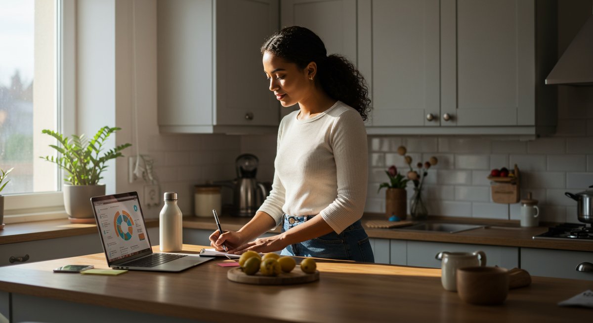 Confident woman in modern kitchen using digital tools for eco-friendly living with sustainable practices