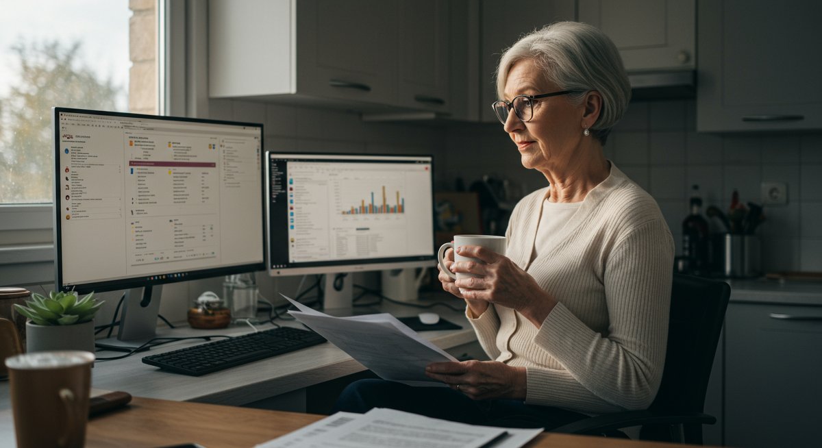 Retirement budgeting strategy illustration: experienced woman managing pension planning with financial software in organized kitchen workspace
