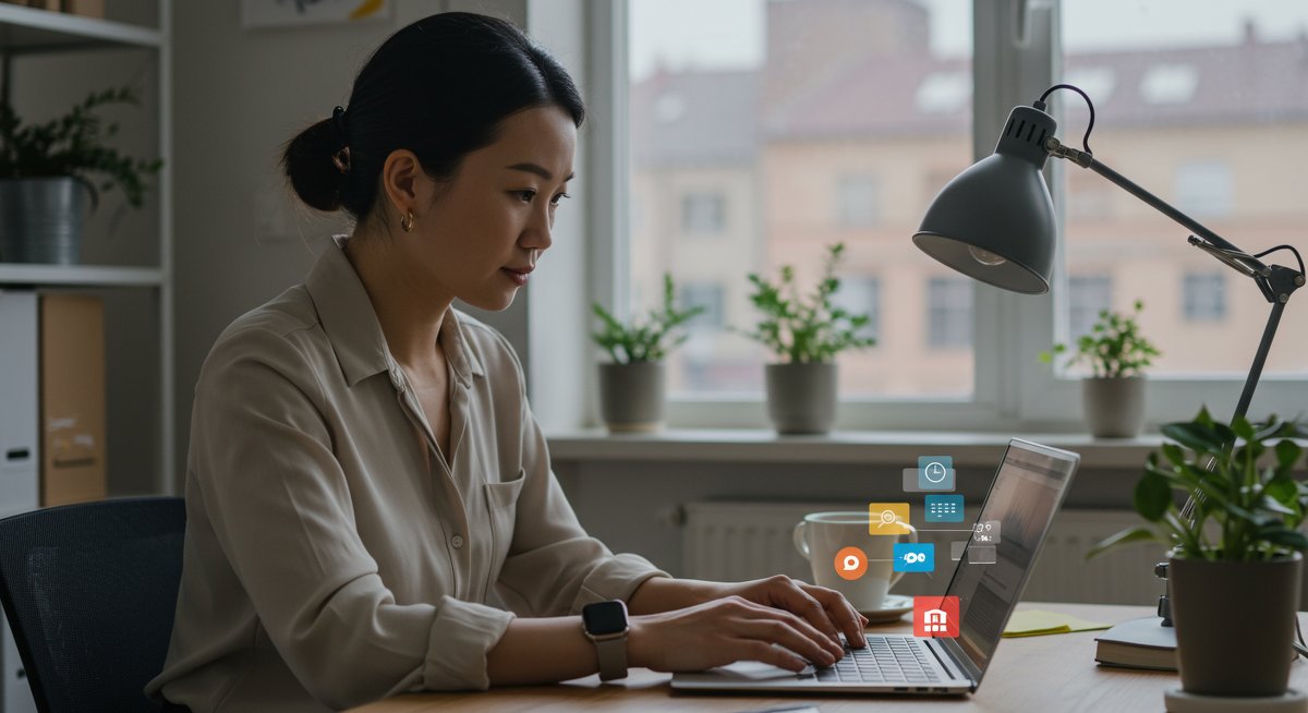 Busy professional using time management tools for effective study sessions in modern workspace