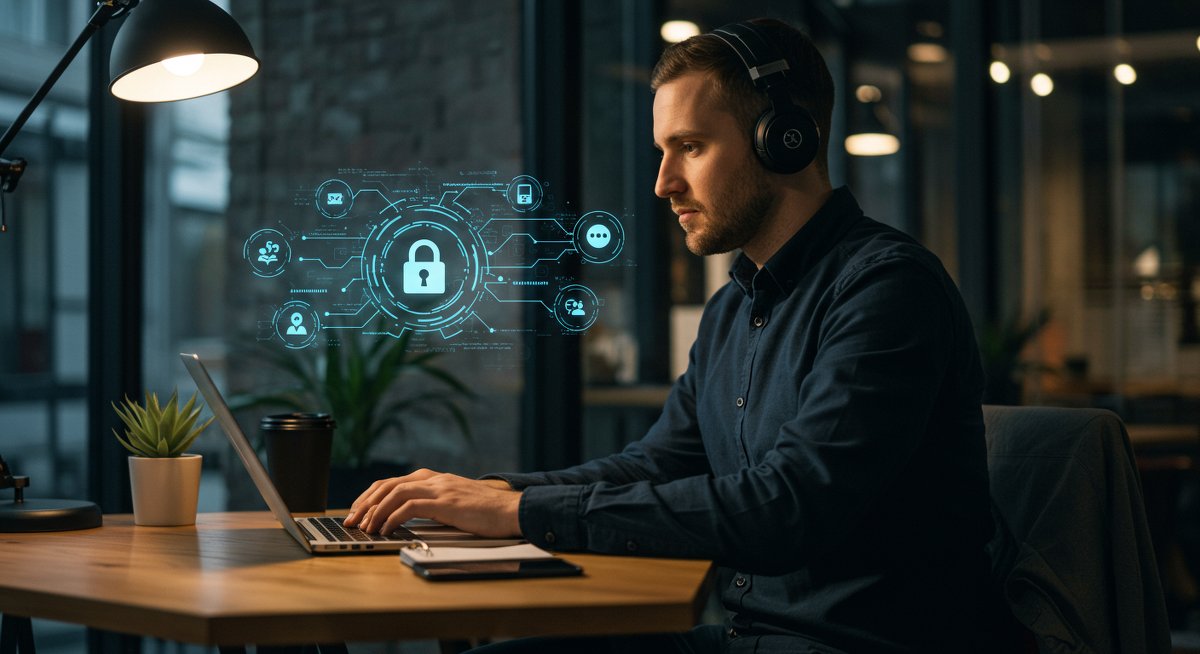 Digital nomad using VPN for secure remote work with cybersecurity focus