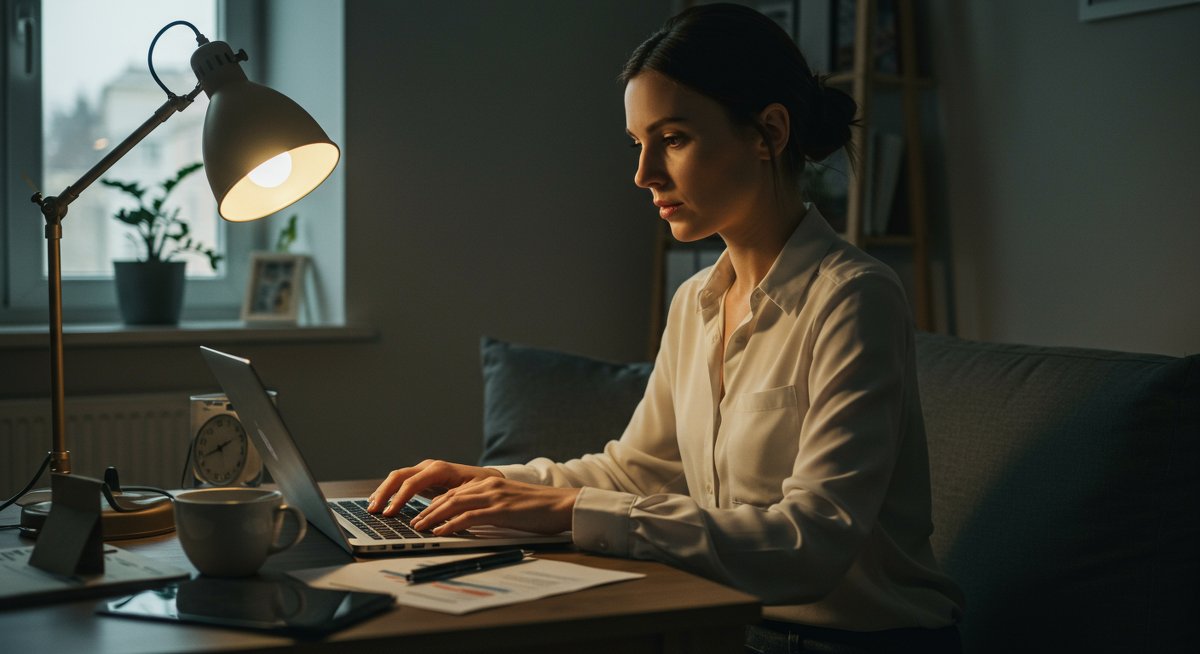 Digital nomad woman reviewing visa requirements on her laptop in a cozy apartment with natural lighting