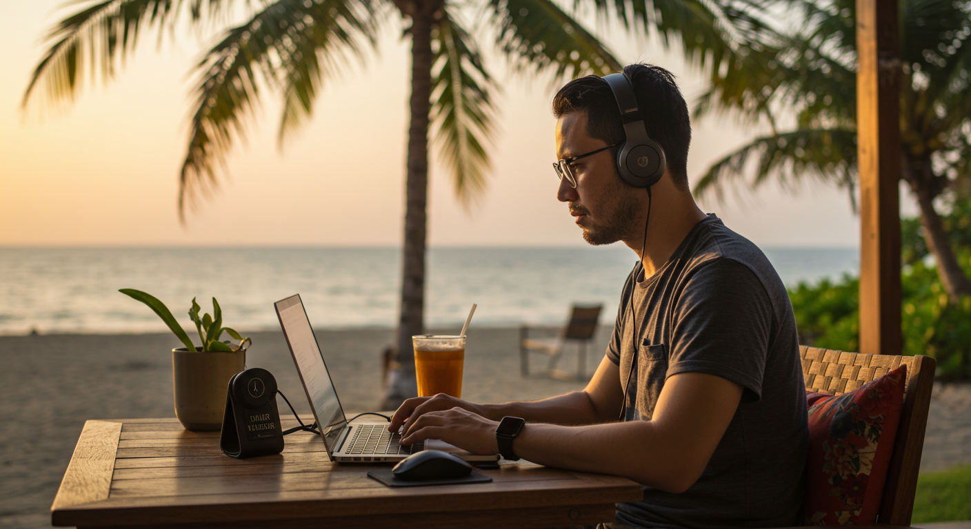 Digital nomad freelancer working on a laptop at a beachside cafe in Bali, focusing on income strategies.
