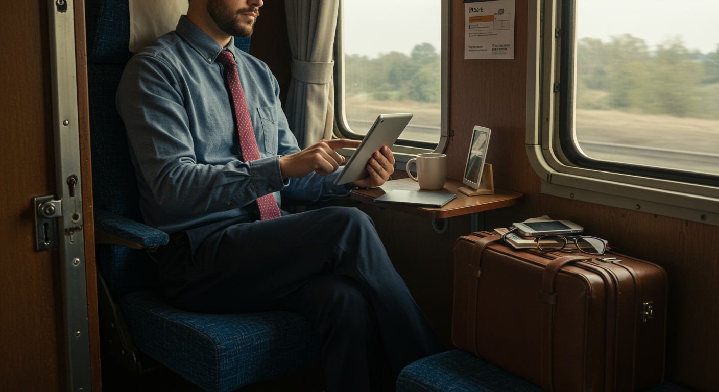 Business traveler reviewing flight booking on a tablet in a train, avoiding flight booking mistakes