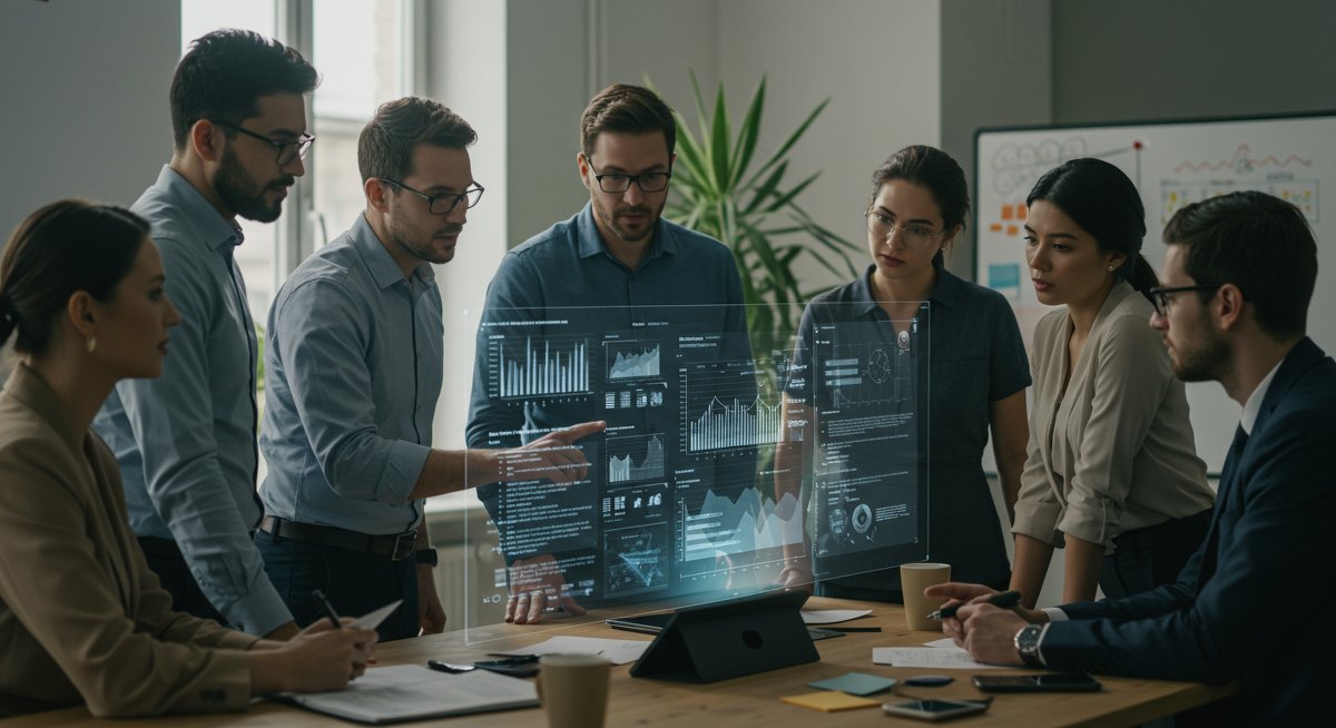 Diverse professionals collaborating on a holographic display showcasing data and technology, representing essential skills for a successful job search in 2025.