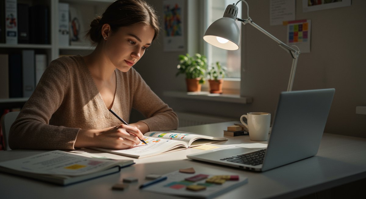 Woman creating a mind map on a notebook while studying with a laptop, illustrating the benefits of mind mapping for learning and organization.