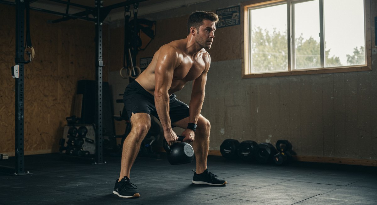 Intermediate fitness enthusiast executing kettlebell swings in home gym with dynamic motion and natural lighting