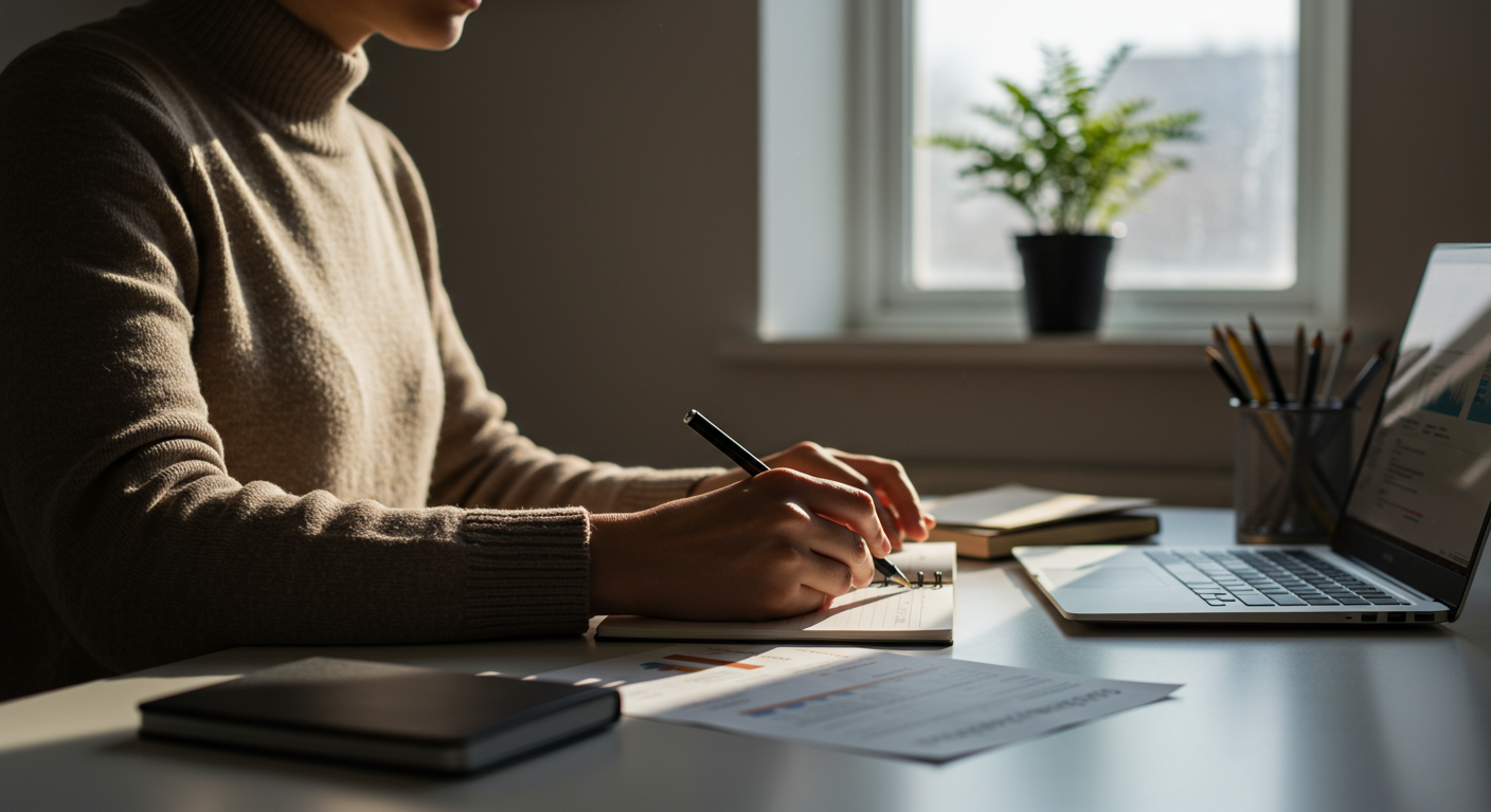 Expert minimalist budgeting with laptop, notebook, and financial documents. Clean home office with natural lighting. Actionable advice for debt-free living with a minimalist lifestyle. Financial independence focus.