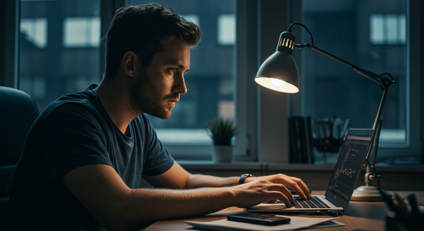 Person analyzing crypto charts on laptop in a bright office space