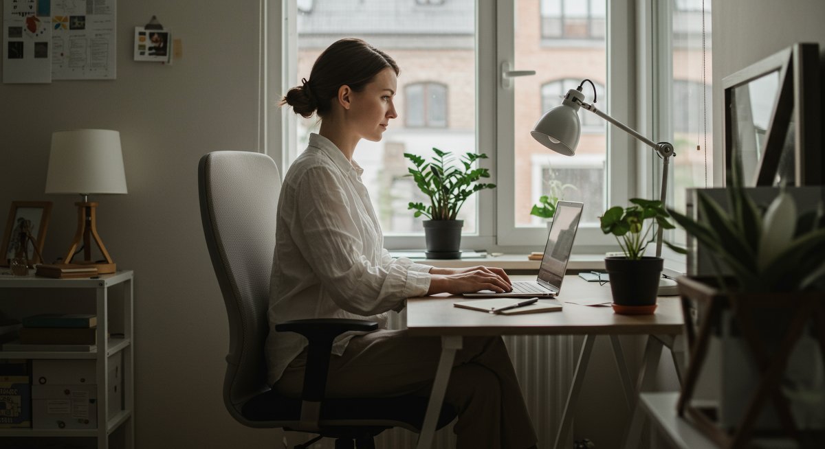 Professional woman working from home office with laptop and plant, highlighting hybrid work balance