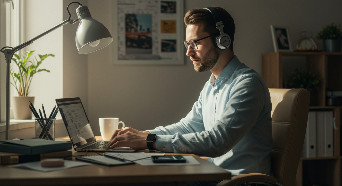 A man working at his desk in a home office, implementing his morning routine for productivity, focused on deep work with a laptop and coffee.