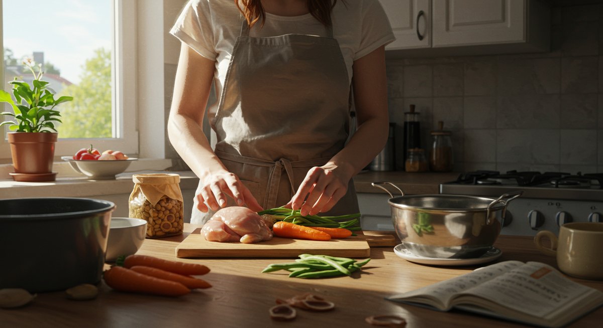 A new pet owner preparing healthy homemade cat food with fresh ingredients in a tidy kitchen, emphasizing natural lighting and wholesome ingredients