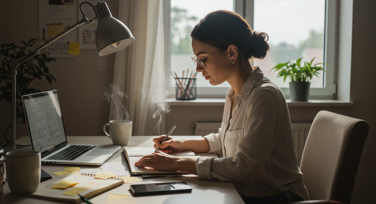 Confident woman in modern home office using bullet journal and physical planner for analog productivity