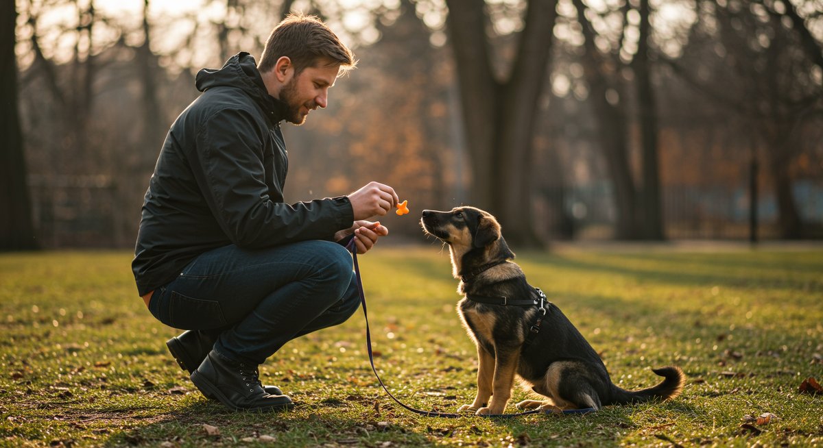 Man training puppy with leash training techniques in a sunny park, emphasizing positive reinforcement and responsible pet walking