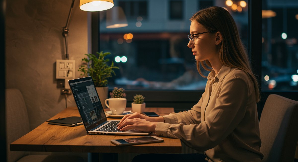 Digital nomad woman working remotely with passive income dashboard, modern café workspace showing remote work and side hustle elements