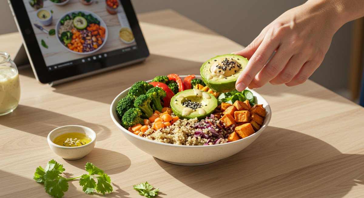 Vegan lunch bowl with quinoa, roasted vegetables, avocado, and lemon-tahini dressing.  Healthy and delicious vegan lunch ideas for beginner cooks.