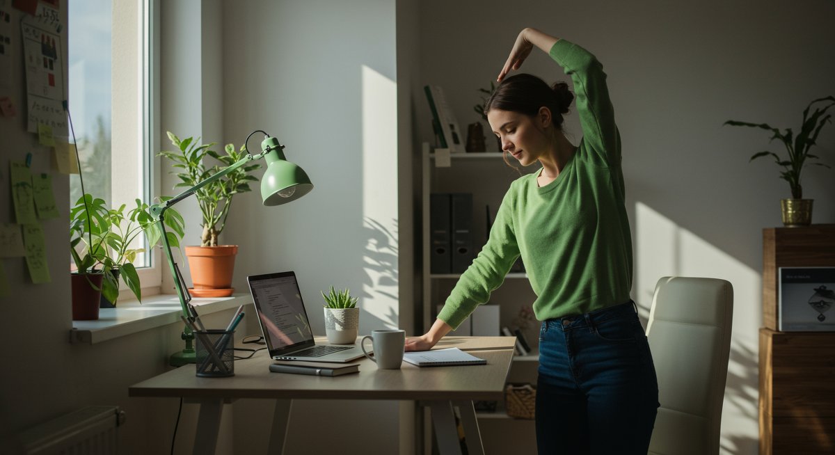Mindful micro-break moment: Professional woman stretching near a plant in a modern office, showcasing productivity and stress reduction through short breaks.